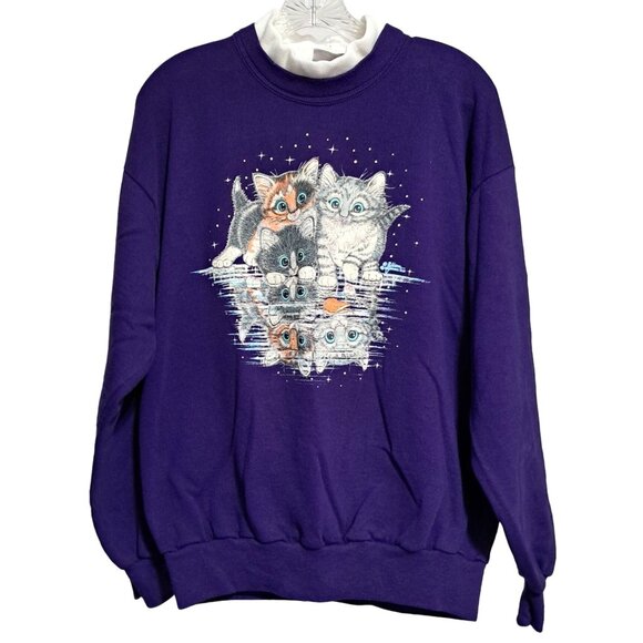 Vintage Cat Reflection Sweatshirt by Morning Sun Womens Size L Large Purple 80s - Picture 2 of 9